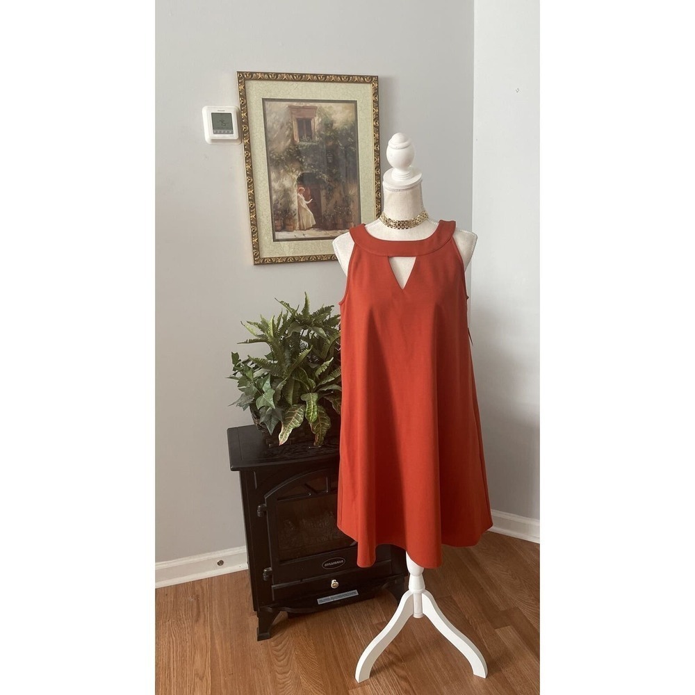 Sharagano Women Keyhole Neckline Dress 6 Orange Sleeveless Pullover Side Pockets